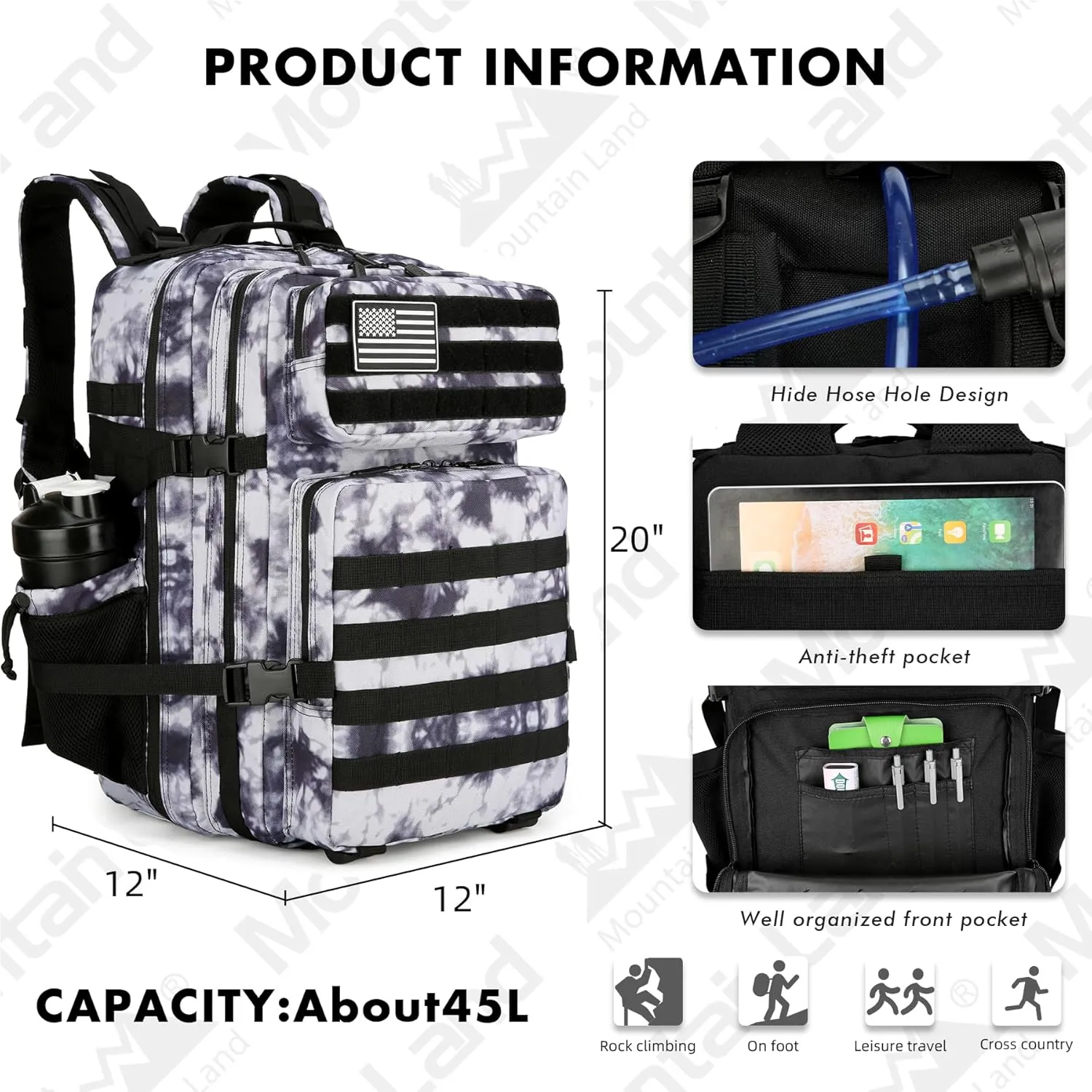 Military Backpack for Men 45L Tactical Assault Backpack 3 day Assault Pack with Molle Waterproof Bag Rucksack-Purple White
