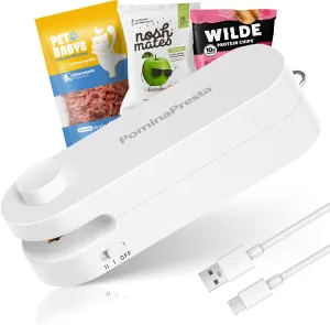 Mini Bag Sealer, 2 in 1 Heat Sealer with Cutter,USB-C Rechargeable Chip Bag Sealer Heat Seal, PominaPresta Portable Handheld Bag Resealer for Snack, Plastic Bags & Food Storage (White)