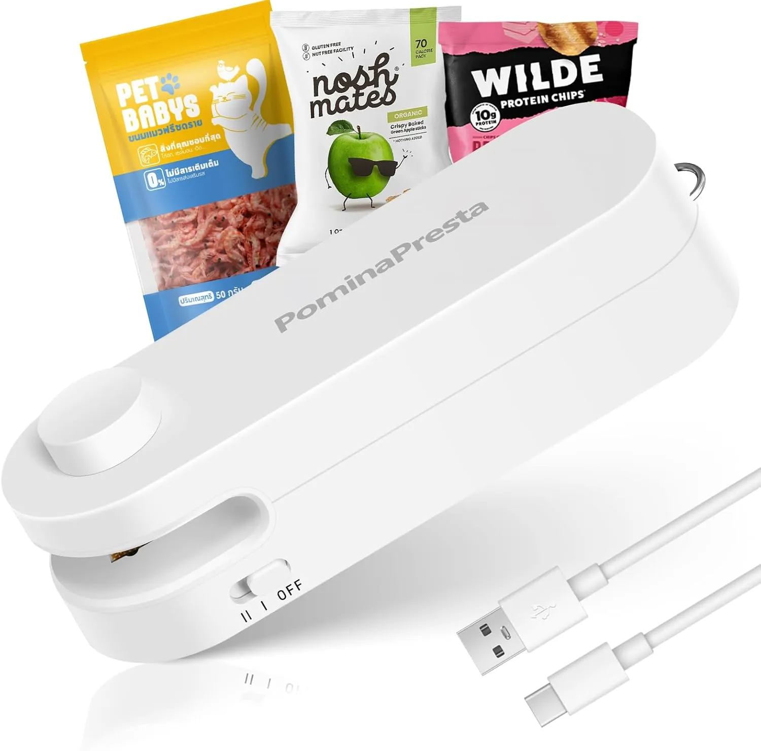 Mini Bag Sealer, 2 in 1 Heat Sealer with Cutter,USB-C Rechargeable Chip Bag Sealer Heat Seal, PominaPresta Portable Handheld Bag Resealer for Snack, Plastic Bags & Food Storage (White)