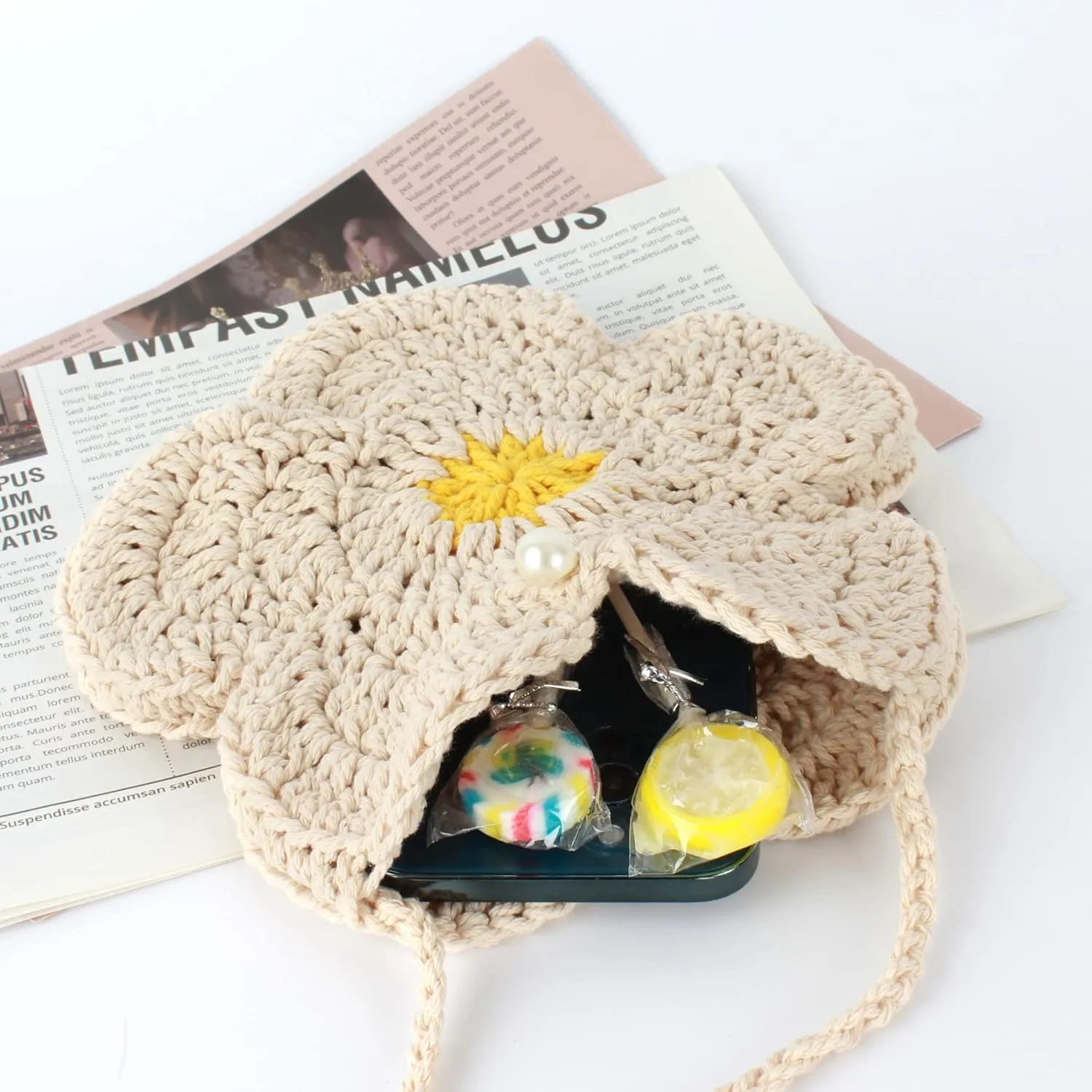 Mini Crossbody Shoulder Bag Fashion Flower Handbag Girls Small Wallet Coin Purse,Beige