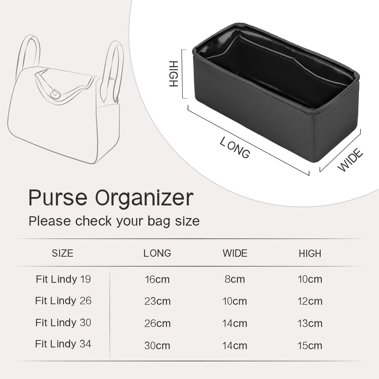 Mini Lindy Bag Insert, Purse Organizer Insert Compatible with Hermes Lindy Bag, Lightweight and Silky Smooth, Bag Insert for Lindy 19 (Mini LD19, Black)