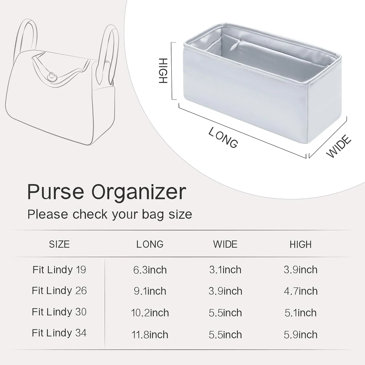 Mini Lindy Bag Insert with Zipper, Lightweight Purse Organizer Insert Compatible with Hermes Lindy Bag, Silky Smooth and Show Luxury(Mini LD19 with Zipper, Blue Pale)