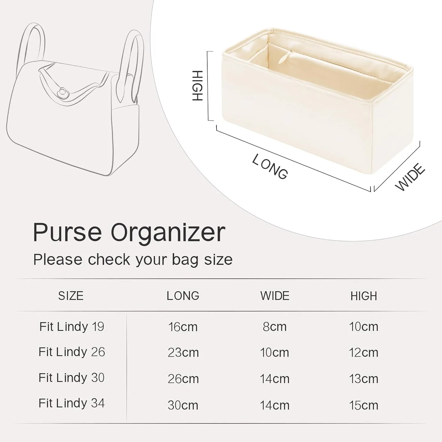 Mini Lindy Bag Insert with Zipper, Lightweight Purse Organizer Insert Compatible with Hermes Lindy Bag, Silky Smooth and Show Luxury(Mini LD19 with Zipper, Craie)