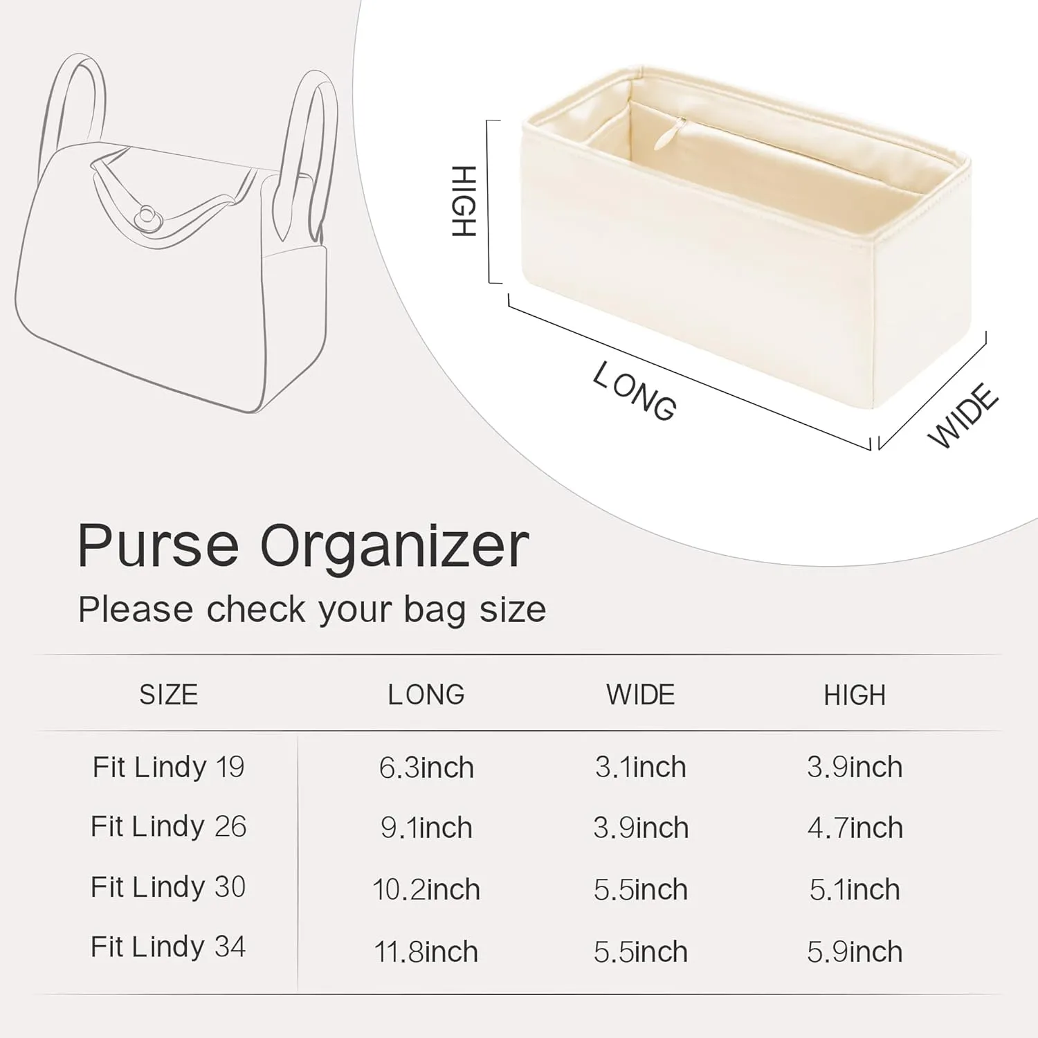 Mini Lindy Bag Insert with Zipper, Lightweight Purse Organizer Insert Compatible with Hermes Lindy Bag, Silky Smooth and Show Luxury(Mini LD19 with Zipper, Craie)