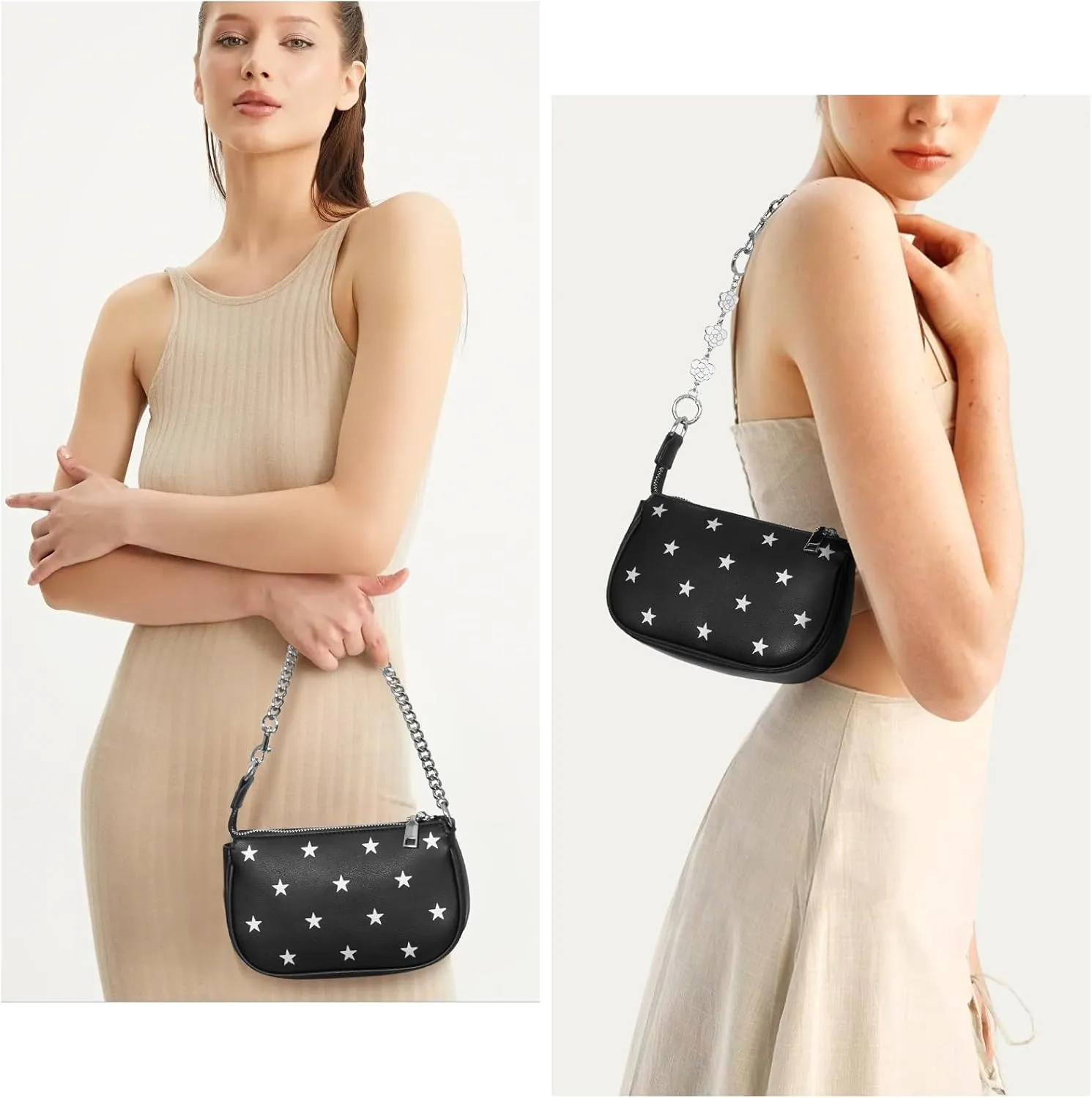 Mini Star Print Shoulder Bag Small Purse For Women Vegan Leather Handbag Soft Trendy Clutch Designer Underarm Bag