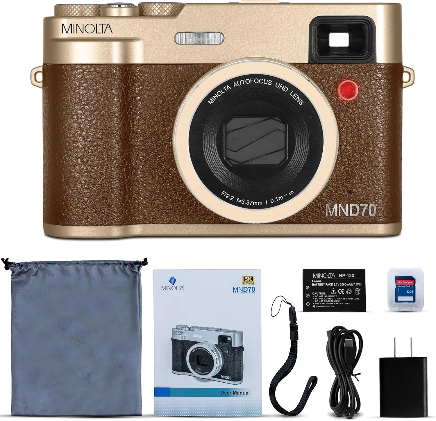 Minolta Retro Digital Camera – 48MP Autofocus Compact with 5K Ultra HD Video, Rear Selfie Lens, 16x Zoom, WiFi, 2.8-inch LCD Screen, Digital Stabilization, Optical Viewfinder, 32GB Card (Gold)