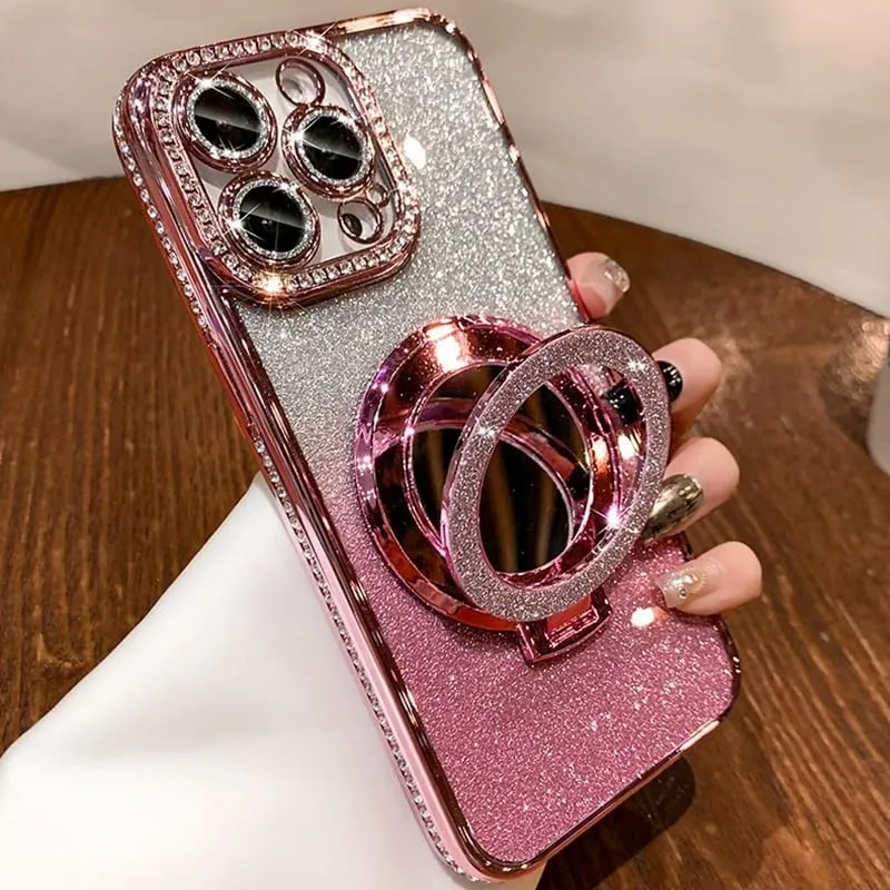 Mirror Kickstand Glitter Diamond Case for iPhone 15 14 13 12 Pro Max,Magnetic Stand Holder,Camera Lens Protector Compatible with Magsafe, Rhinesetone Bing Cover Case (Pink,for iPhone 15 Pro Max)