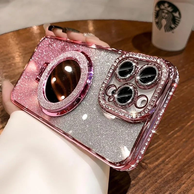 Mirror Kickstand Glitter Diamond Case for iPhone 15 14 13 12 Pro Max,Magnetic Stand Holder,Camera Lens Protector Compatible with Magsafe, Rhinesetone Bing Cover Case (Pink,for iPhone 15 Pro Max)