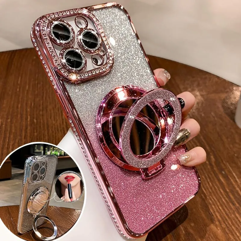 Mirror Kickstand Glitter Diamond Case for iPhone 15 14 13 12 Pro Max,Magnetic Stand Holder,Camera Lens Protector Compatible with Magsafe, Rhinesetone Bing Cover Case (Pink,for iPhone 15 Pro Max)