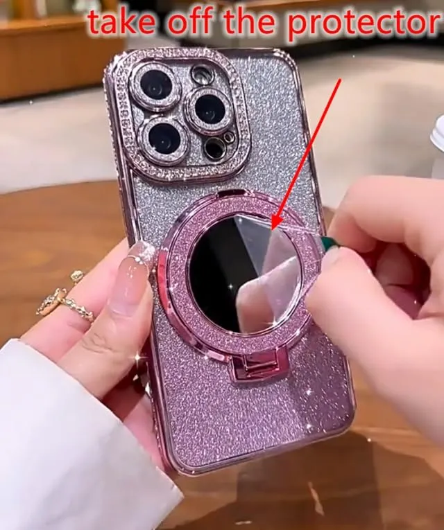 Mirror Kickstand Glitter Diamond Case for iPhone 15 14 13 12 Pro Max,Magnetic Stand Holder,Camera Lens Protector Compatible with Magsafe, Rhinesetone Bing Cover Case (Pink,for iPhone 15 Pro Max)