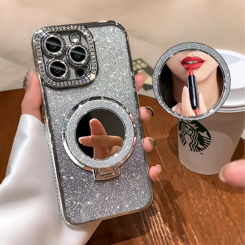 Mirror Kickstand Glitter Diamond Case for iPhone 15 14 13 12 Pro Max,Magnetic Stand Holder,Camera Lens Protector Compatible with Magsafe, Rhinesetone Bing Cover Case (Pink,for iPhone 15 Pro Max)