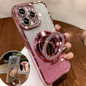 Mirror Kickstand Glitter Diamond Case for iPhone 15 14 13 12 Pro Max,Magnetic Stand Holder,Camera Lens Protector Compatible with Magsafe, Rhinesetone Bing Cover Case (Pink,for iPhone 15 Pro Max)