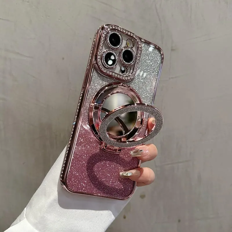 Mirror Kickstand Glitter Diamond Case for iPhone 15 14 13 12 Pro Max,Magnetic Stand Holder,Camera Lens Protector Compatible with Magsafe, Rhinesetone Bing Cover Case (Pink,for iPhone 15 Pro Max)