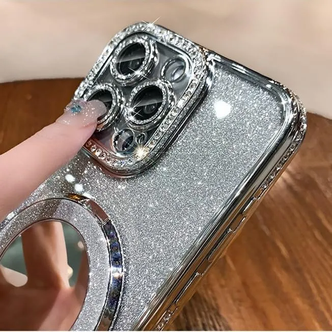 Mirror Kickstand Glitter Diamond Case for iPhone 15 14 13 12 Pro Max,Magnetic Stand Holder,Camera Lens Protector Compatible with Magsafe, Rhinesetone Bing Cover Case (Pink,for iPhone 15 Pro Max)