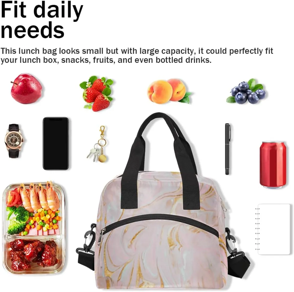 Mixed Quicksand Lunch Bag for Women Men Reusable Durable Insulated Lunch Box for Work Office Picnic Beach Hiking Lunch Tote Bag with Adjustable Shoulder Strap