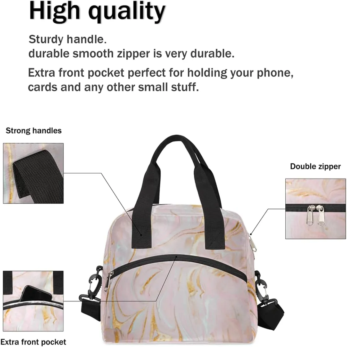 Mixed Quicksand Lunch Bag for Women Men Reusable Durable Insulated Lunch Box for Work Office Picnic Beach Hiking Lunch Tote Bag with Adjustable Shoulder Strap