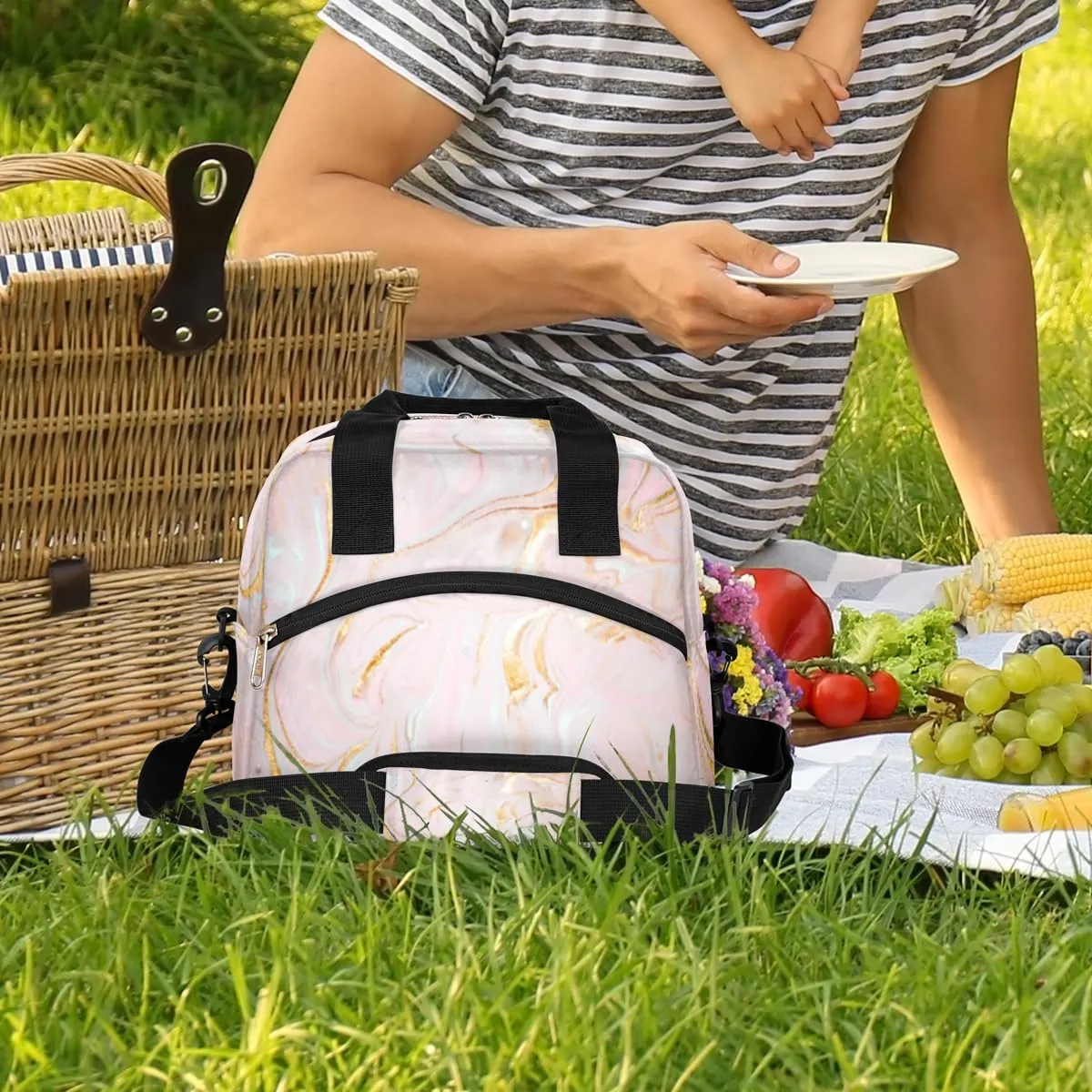 Mixed Quicksand Lunch Bag for Women Men Reusable Durable Insulated Lunch Box for Work Office Picnic Beach Hiking Lunch Tote Bag with Adjustable Shoulder Strap