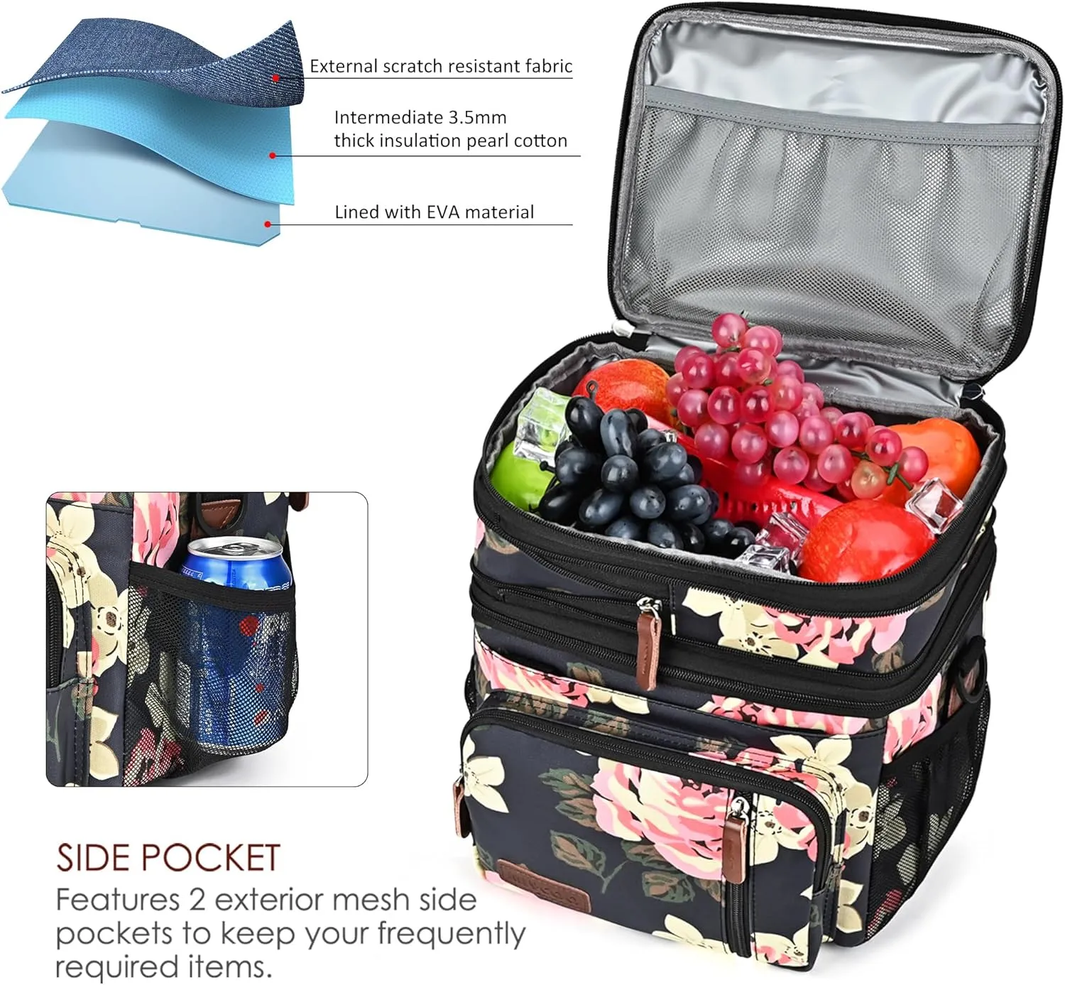 MIYCOO Insulated Lunch Bags for Women Men Large Lunch Box Leakproof Double Deck Soft Cooler Tote Bag (Flower, 15L)