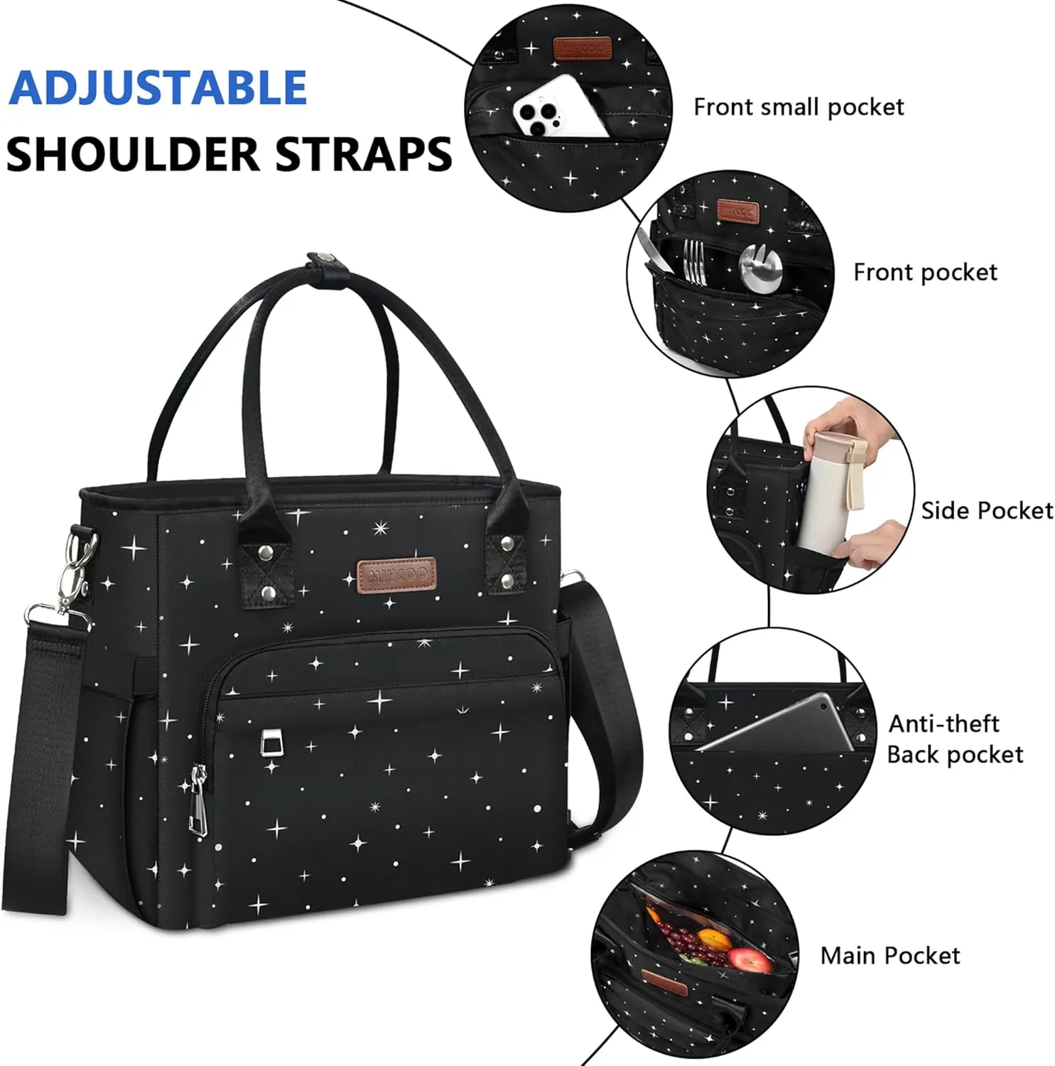 MIYCOO Lunch Bag Lunch Box Women - Leakproof Insulated Lunch Cooler Bag for Women - Large Lunch Tote Bags Adults, Black Starry Sky