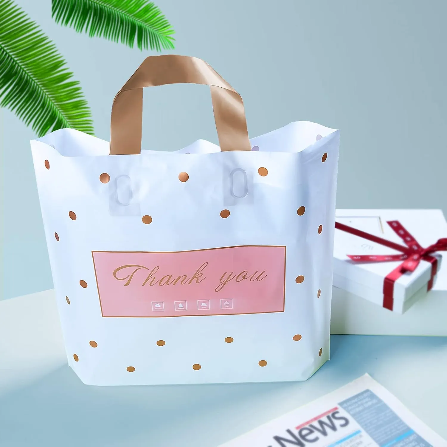 MLAFLY Thank You Bags Shopping Bags, 50 Pack Bulk Merchandise Bags Plastic Boutique Bags for Small Business Retail Bags for Customers Parties Favors Goody Bags(Polka Dot-XLarge(16"x18"))