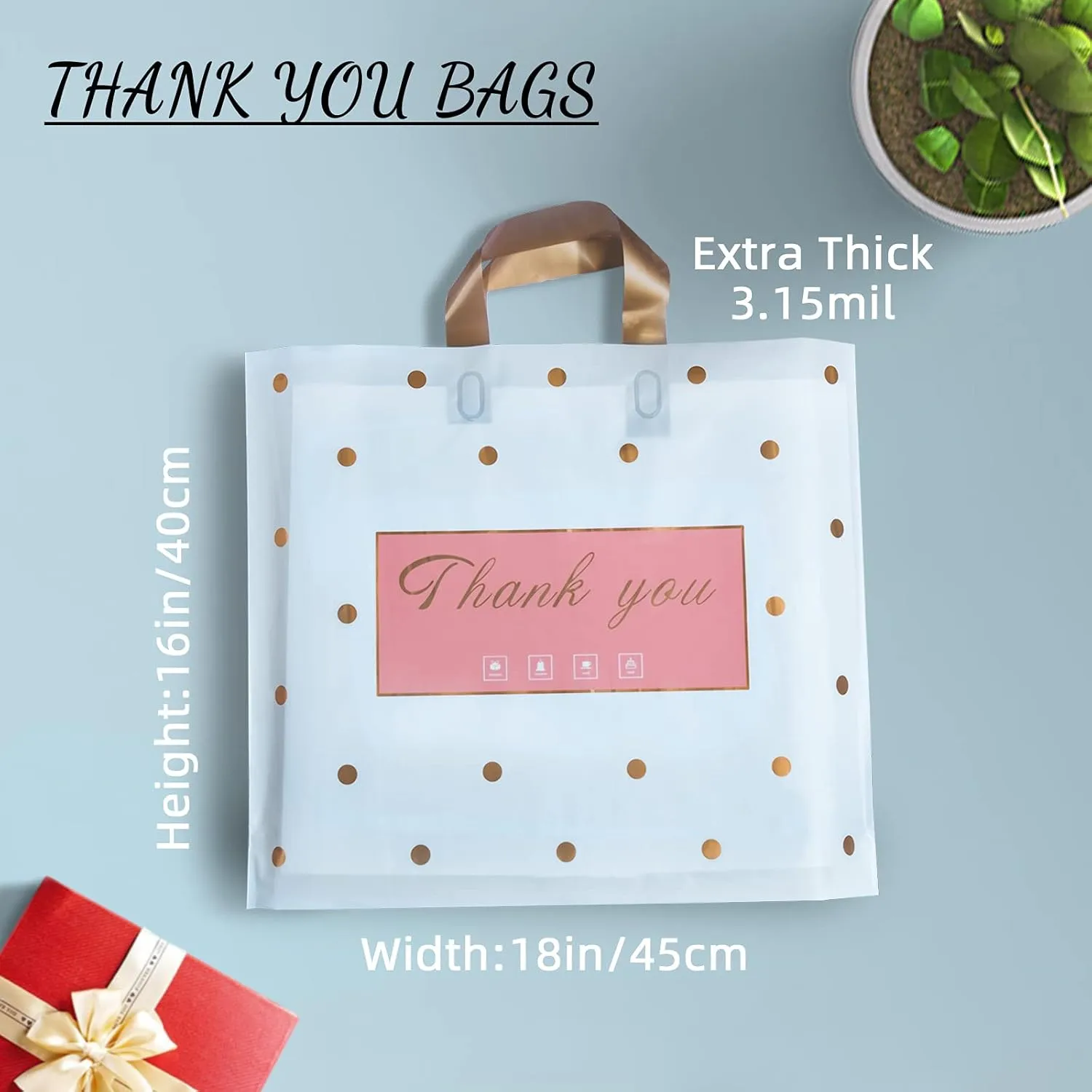 MLAFLY Thank You Bags Shopping Bags, 50 Pack Bulk Merchandise Bags Plastic Boutique Bags for Small Business Retail Bags for Customers Parties Favors Goody Bags(Polka Dot-XLarge(16"x18"))