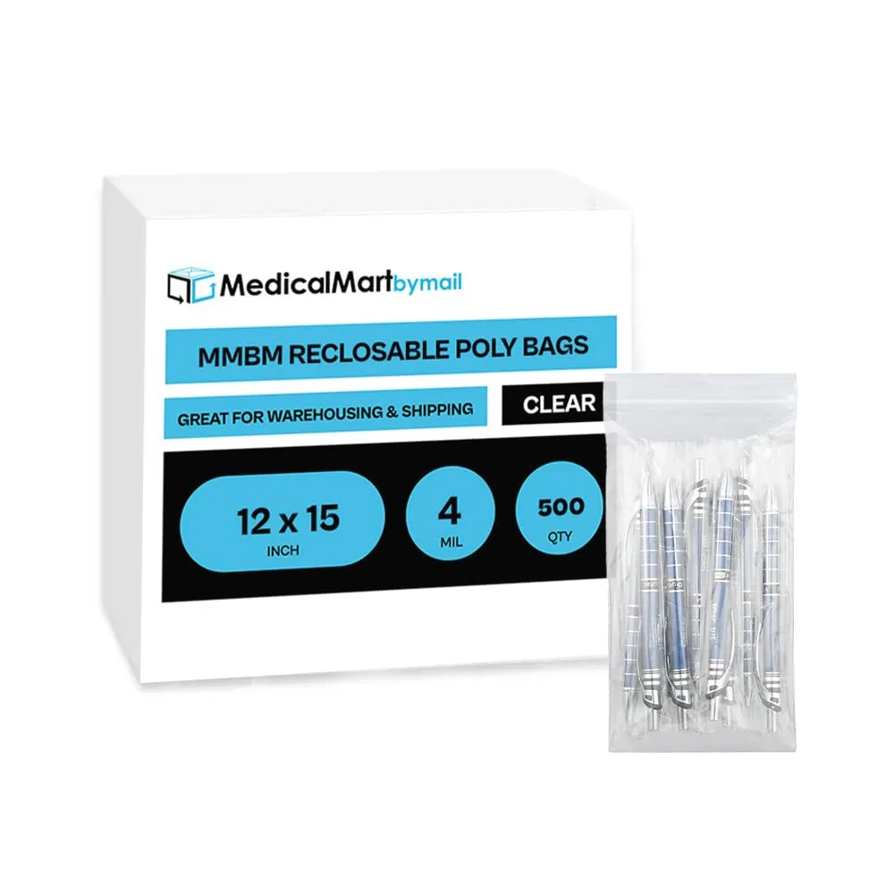 MMBM Resealable Poly Bag, 12x15 Inch, 500 Pack, 4 Mil, Clear, Lock Seal Zipper, Reclosable Zip Plastic Baggies