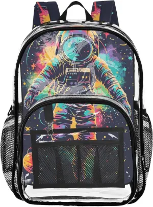 MNSRUU Large Clear Backpack for School Stadium Concerts Sports Events Astronauts and Planets Transparent Heavy-Duty PVC Backpack with Adjustable Straps, See-Through Bag Multiple Compartments