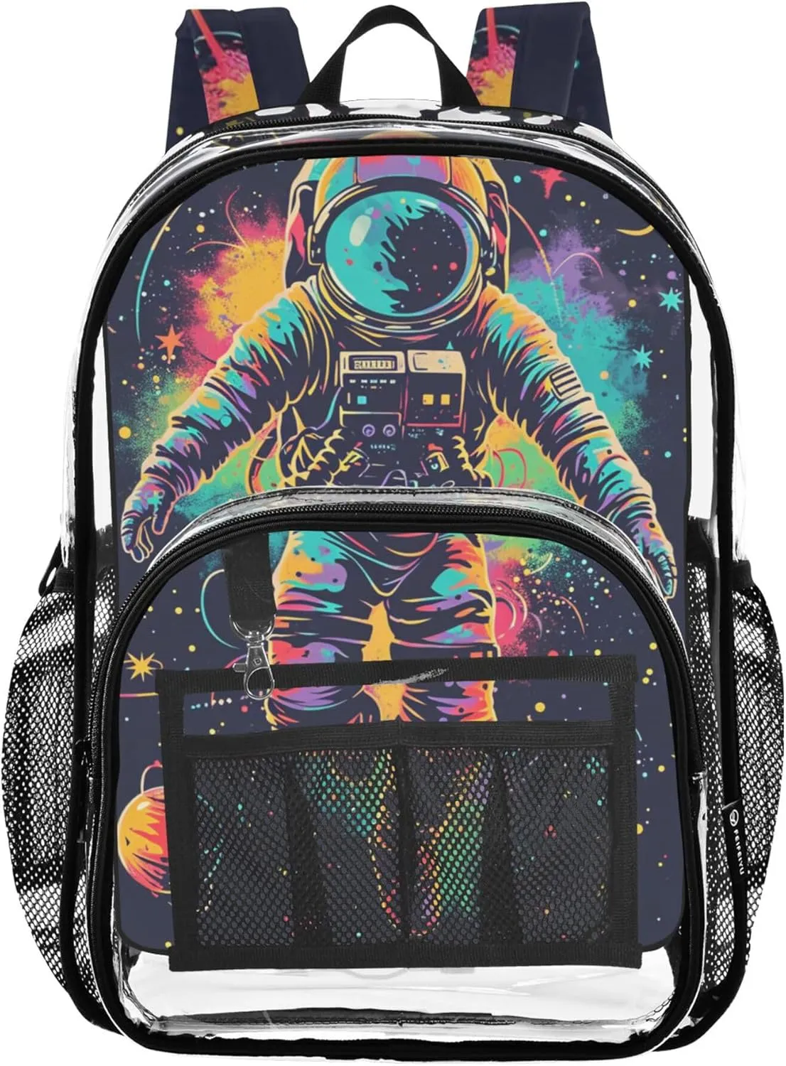MNSRUU Large Clear Backpack for School Stadium Concerts Sports Events Astronauts and Planets Transparent Heavy-Duty PVC Backpack with Adjustable Straps, See-Through Bag Multiple Compartments