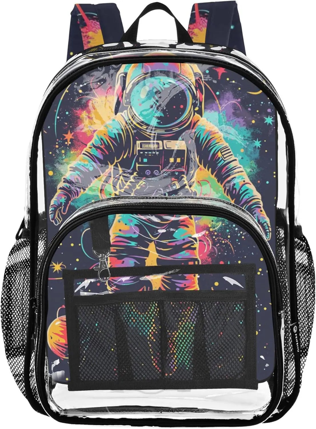 MNSRUU Large Clear Backpack for School Stadium Concerts Sports Events Astronauts and Planets Transparent Heavy-Duty PVC Backpack with Adjustable Straps, See-Through Bag Multiple Compartments