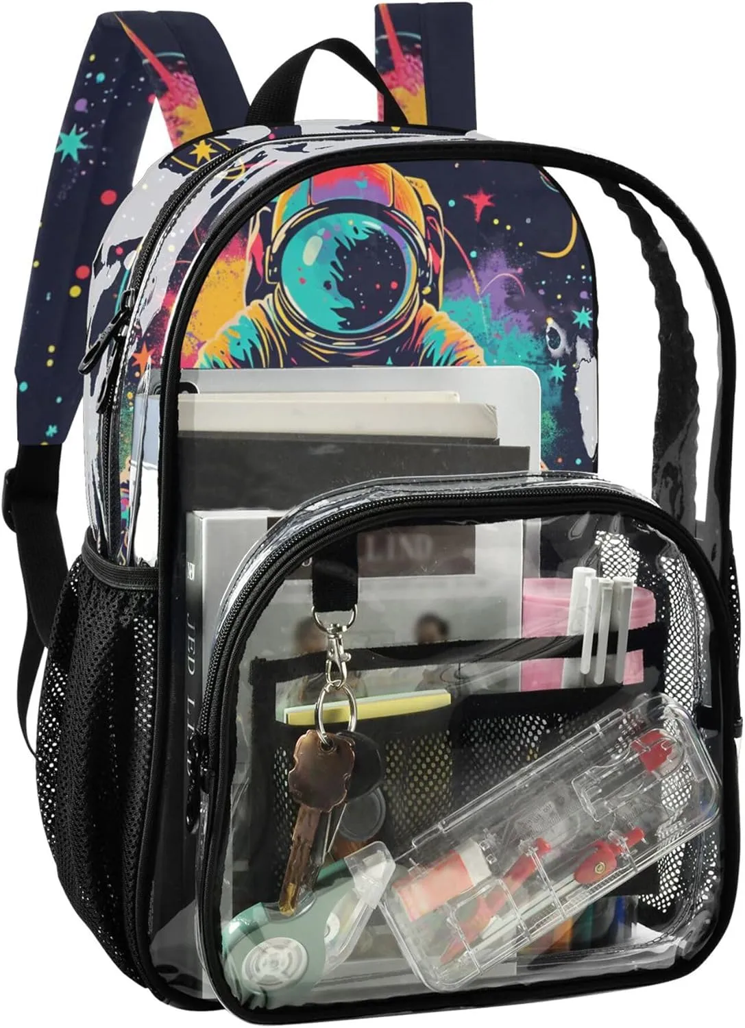 MNSRUU Large Clear Backpack for School Stadium Concerts Sports Events Astronauts and Planets Transparent Heavy-Duty PVC Backpack with Adjustable Straps, See-Through Bag Multiple Compartments