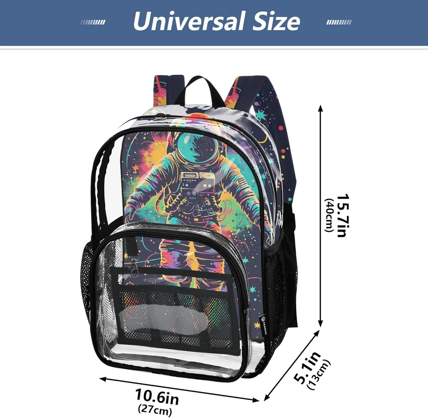 MNSRUU Large Clear Backpack for School Stadium Concerts Sports Events Astronauts and Planets Transparent Heavy-Duty PVC Backpack with Adjustable Straps, See-Through Bag Multiple Compartments