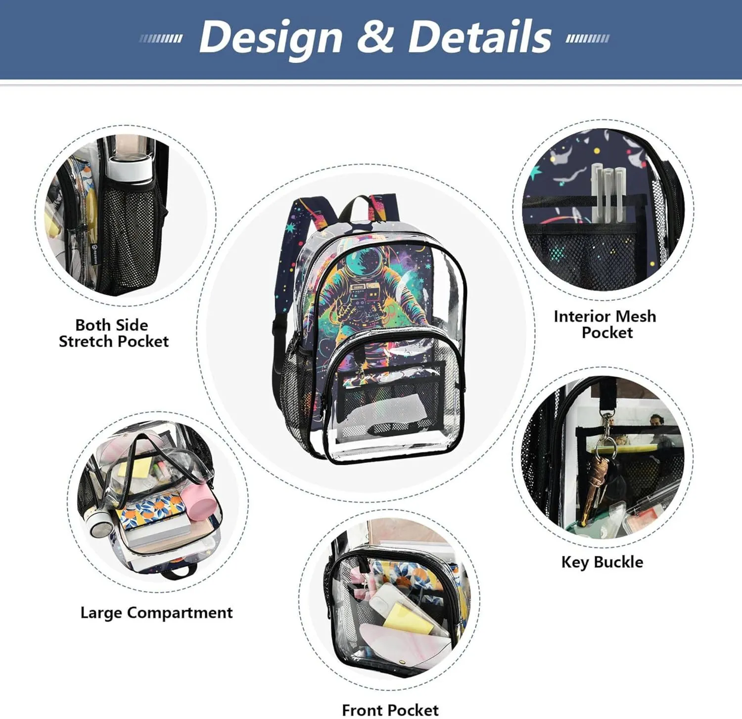 MNSRUU Large Clear Backpack for School Stadium Concerts Sports Events Astronauts and Planets Transparent Heavy-Duty PVC Backpack with Adjustable Straps, See-Through Bag Multiple Compartments