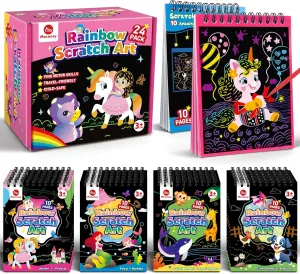 Mocoosy 24 Pack Scratch Art Party Favors for Kids 4-8, Rainbow Scratch Notebook Bulk with 10 Designs, Birthday Goodie Bag Stuffers, Classroom Prizes, Art Craft Supplies for Boys Girls Ages 3-5 8-12