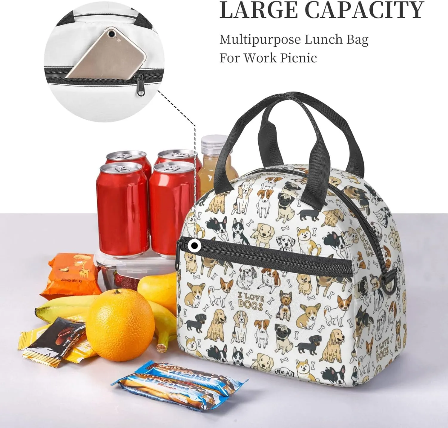 MOLAIGIN Cute Dogs Puppy Pet Insulated Lunch With Adjustable Shoulder Strap Bag Reusable Lunch Box Cooler Tote Bag For Men Women