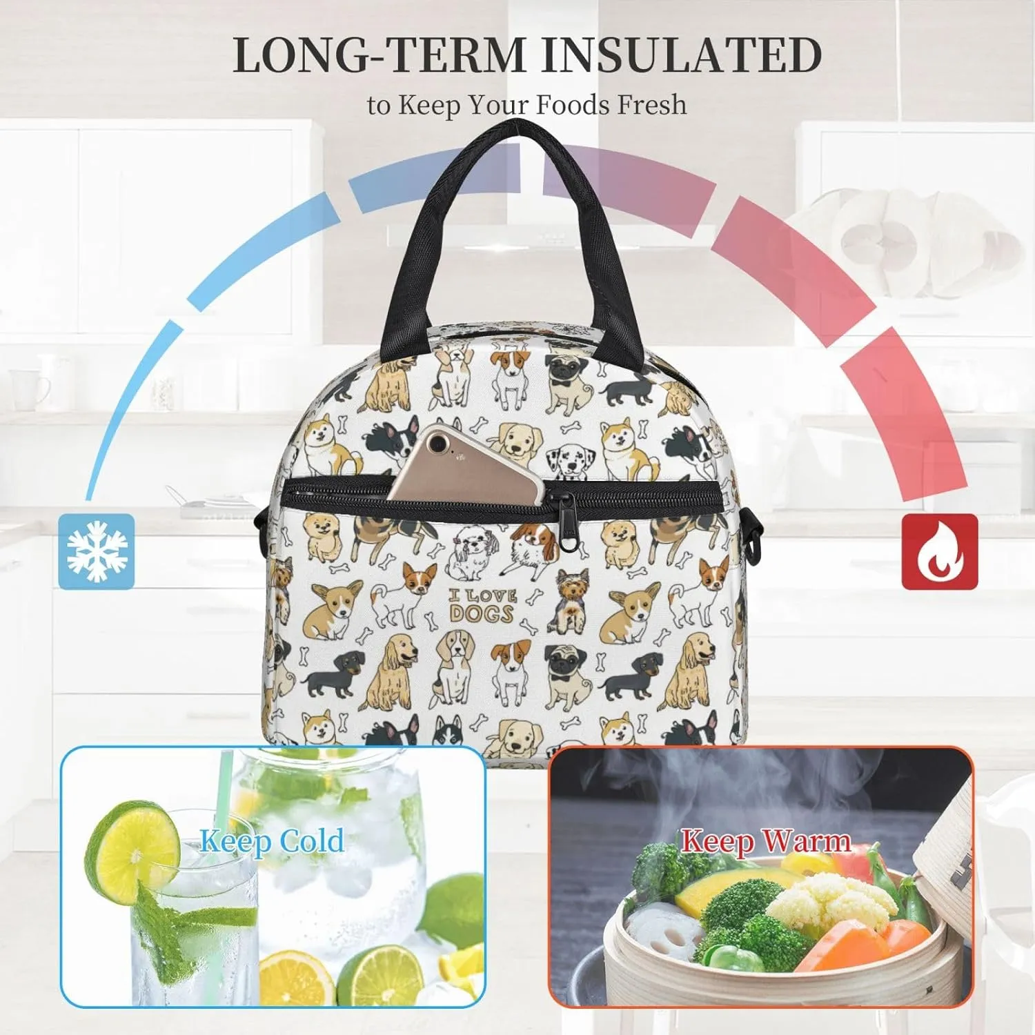 MOLAIGIN Cute Dogs Puppy Pet Insulated Lunch With Adjustable Shoulder Strap Bag Reusable Lunch Box Cooler Tote Bag For Men Women