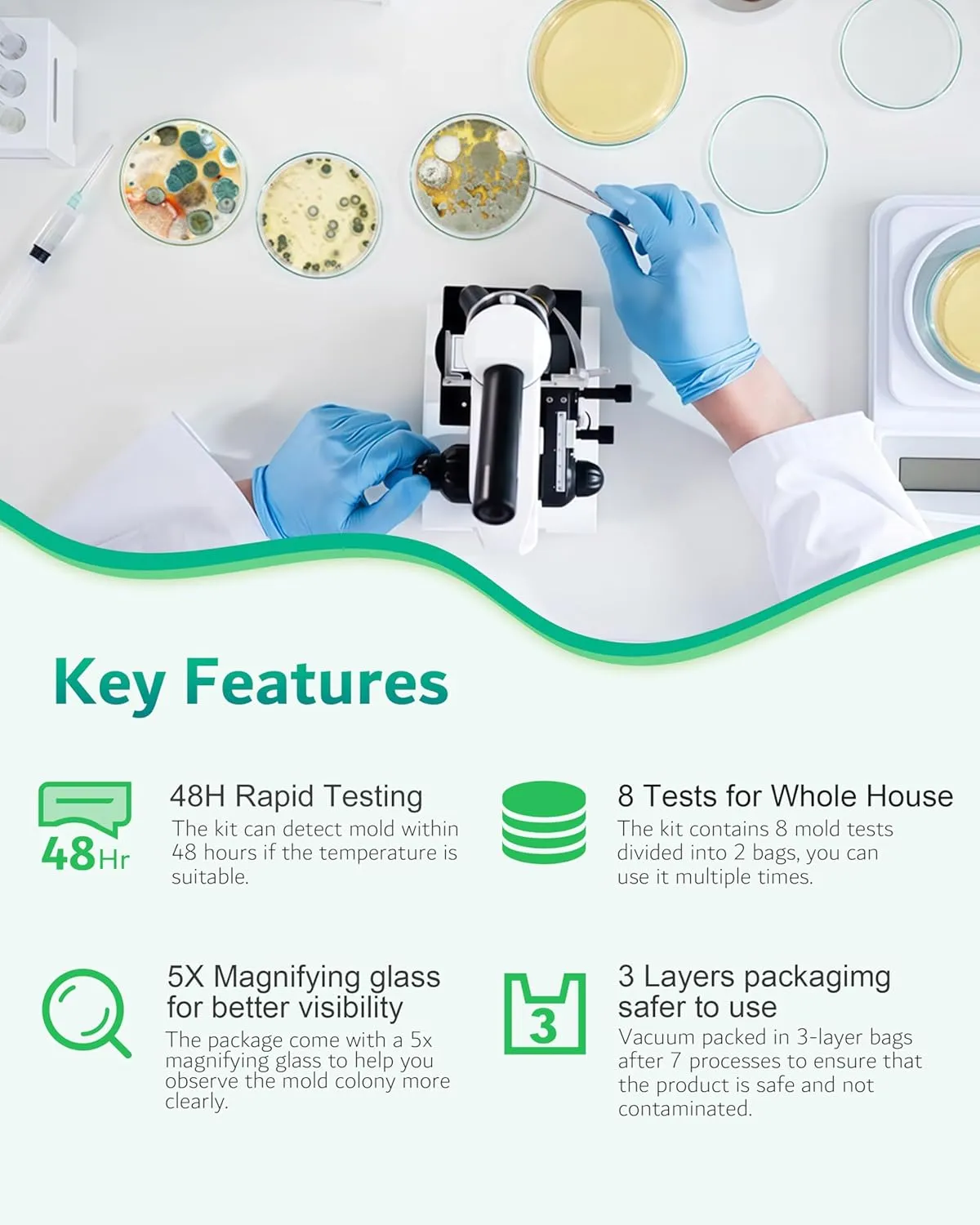 Mold Test Kit for Home, 8 Detection Tests for HVAC, Surfaces & Indoor Air Quality, DIY Black Mold Detector Testing kit at Home, Includes Detailed Identification Guide, 5X Magnifier & Free Lab Analysis