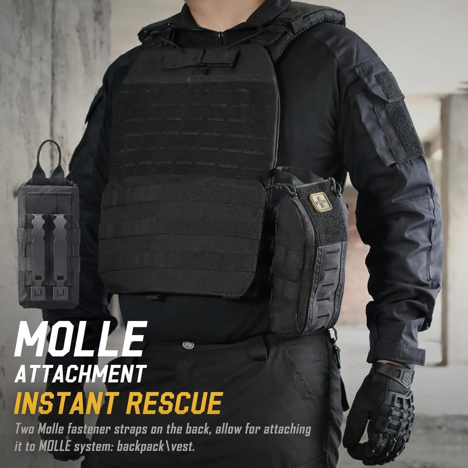 Molle First Aid IFAK Pouch, Medical Bag Molle Medical Pouch Tactical Medical EMT Kit Empty Molle Med Kit Quick Release Handle Small Portable Everyday Carry Survival Bag with Cross Patch
