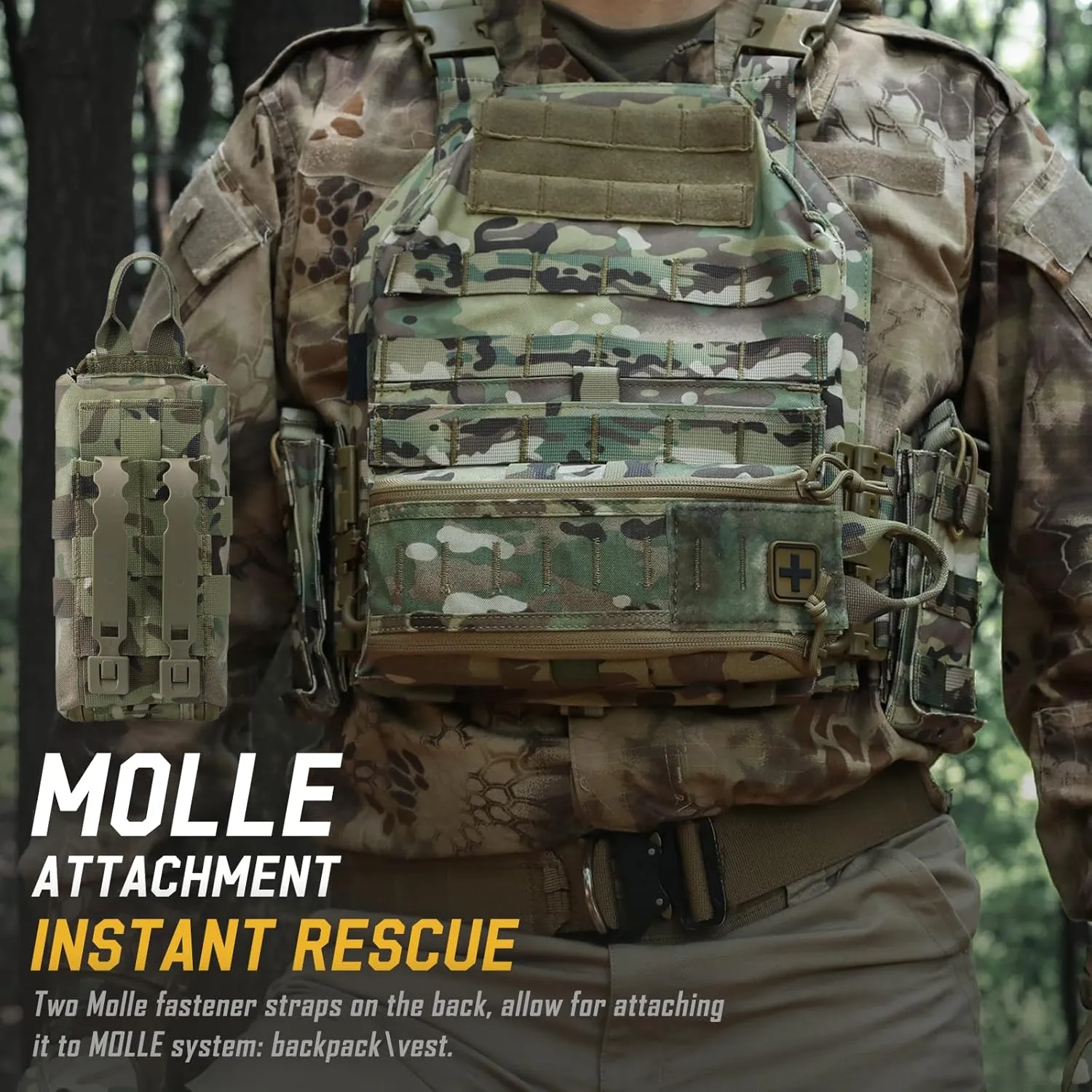 Molle First Aid IFAK Pouch, Medical Bag Molle Medical Pouch Tactical Medical EMT Kit Empty Molle Med Kit Quick Release Handle Small Portable Everyday Carry Survival Bag with Cross Patch