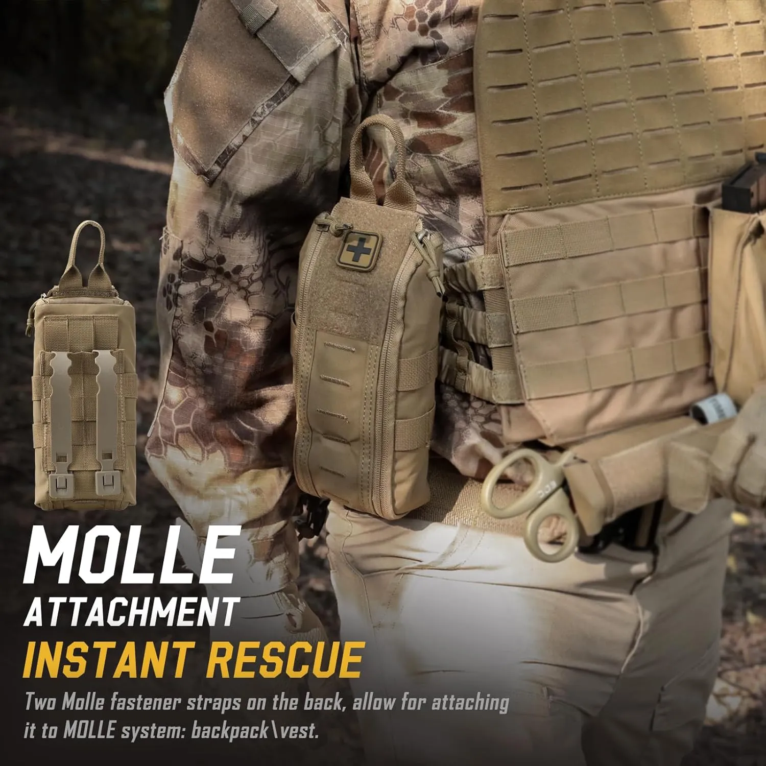 Molle First Aid IFAK Pouch, Medical Bag Molle Medical Pouch Tactical Medical EMT Kit Empty Molle Med Kit Quick Release Handle Small Portable Everyday Carry Survival Bag with Cross Patch