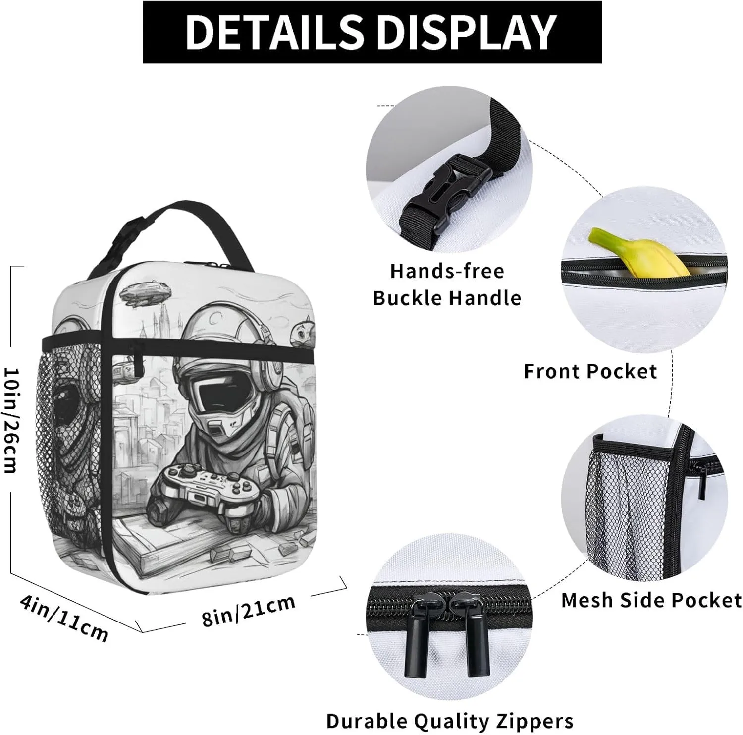 Monochrome Sketch Style Gaming Insulated Lunch Box For Men Women Lunch Bag Perfect For Office Travel Outings