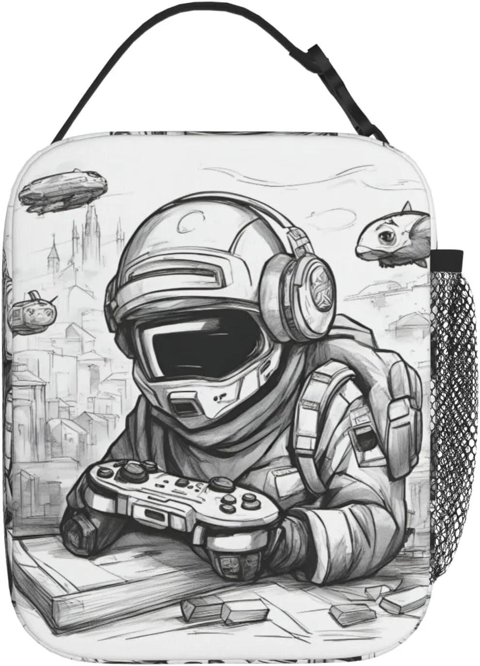 Monochrome Sketch Style Gaming Insulated Lunch Box For Men Women Lunch Bag Perfect For Office Travel Outings