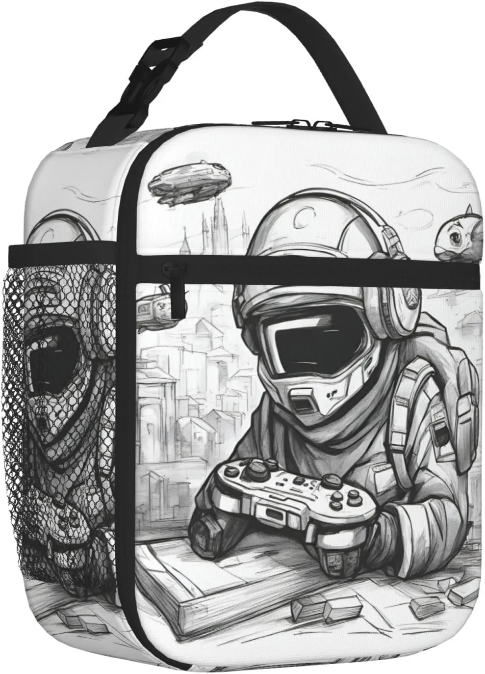 Monochrome Sketch Style Gaming Insulated Lunch Box For Men Women Lunch Bag Perfect For Office Travel Outings