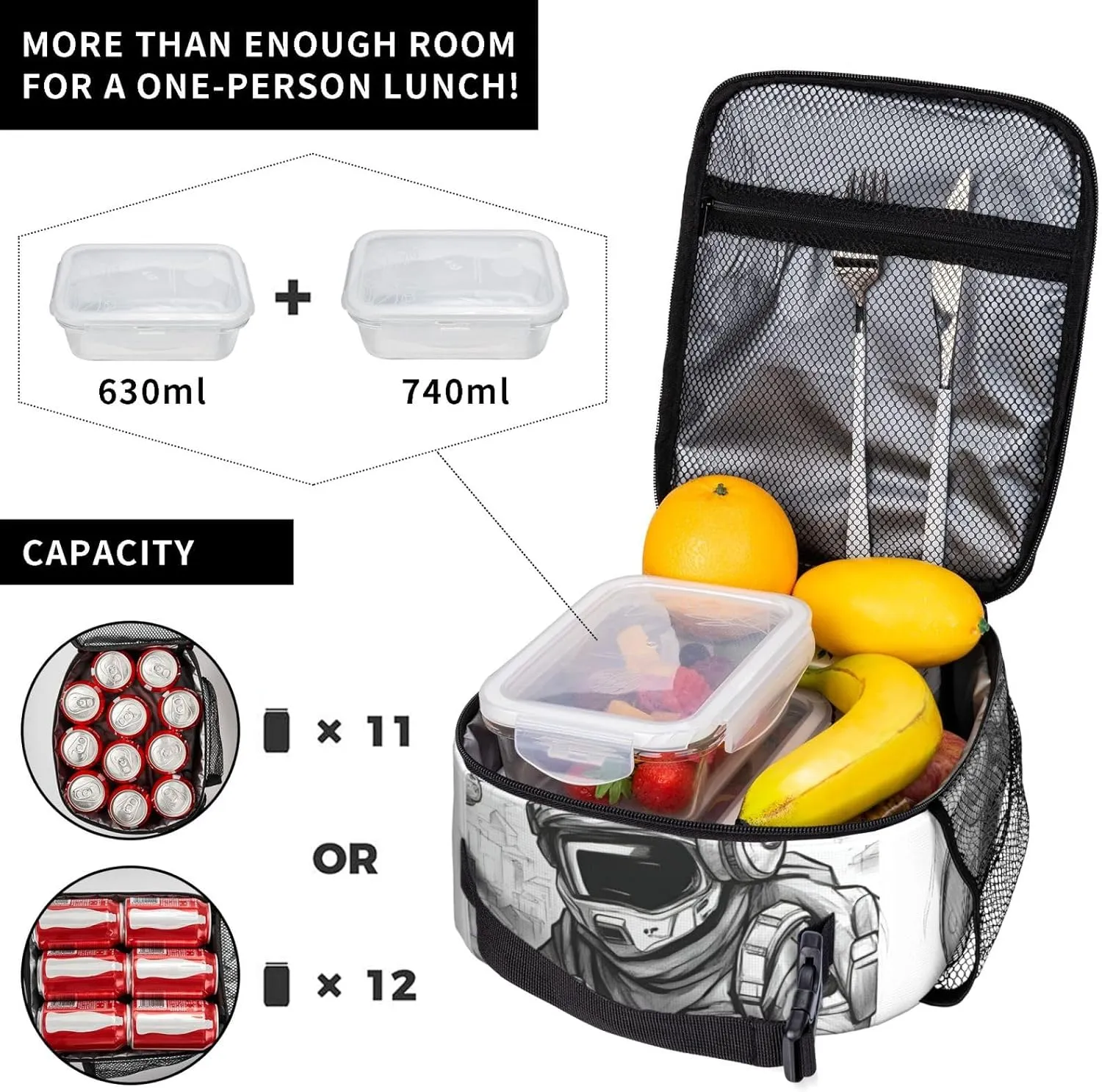 Monochrome Sketch Style Gaming Insulated Lunch Box For Men Women Lunch Bag Perfect For Office Travel Outings