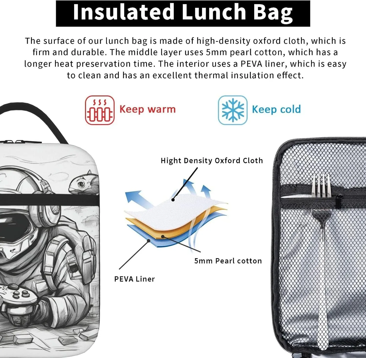 Monochrome Sketch Style Gaming Insulated Lunch Box For Men Women Lunch Bag Perfect For Office Travel Outings