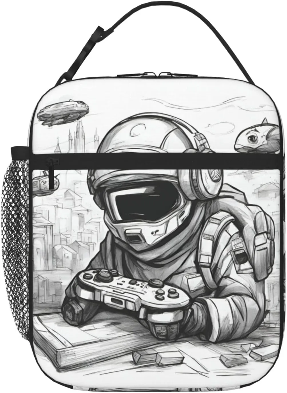 Monochrome Sketch Style Gaming Insulated Lunch Box For Men Women Lunch Bag Perfect For Office Travel Outings