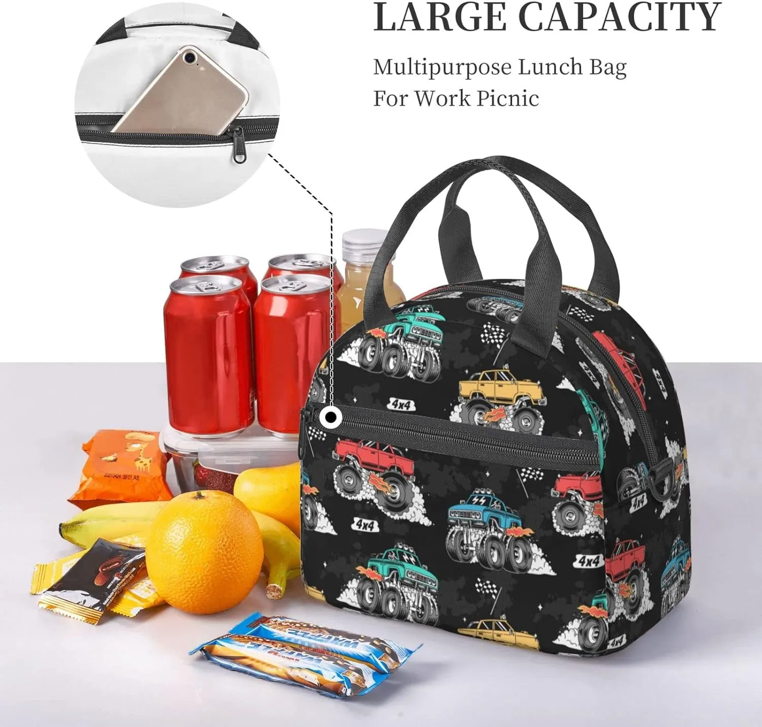 Monster Trucks Lunch Bag Reusable Insulated Lunch Tote Bag Lunchbox Container With Adjustable Shoulder Strap For Office Work School Picnic Travel