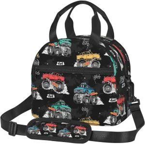 Monster Trucks Lunch Bag Reusable Insulated Lunch Tote Bag Lunchbox Container With Adjustable Shoulder Strap For Office Work School Picnic Travel