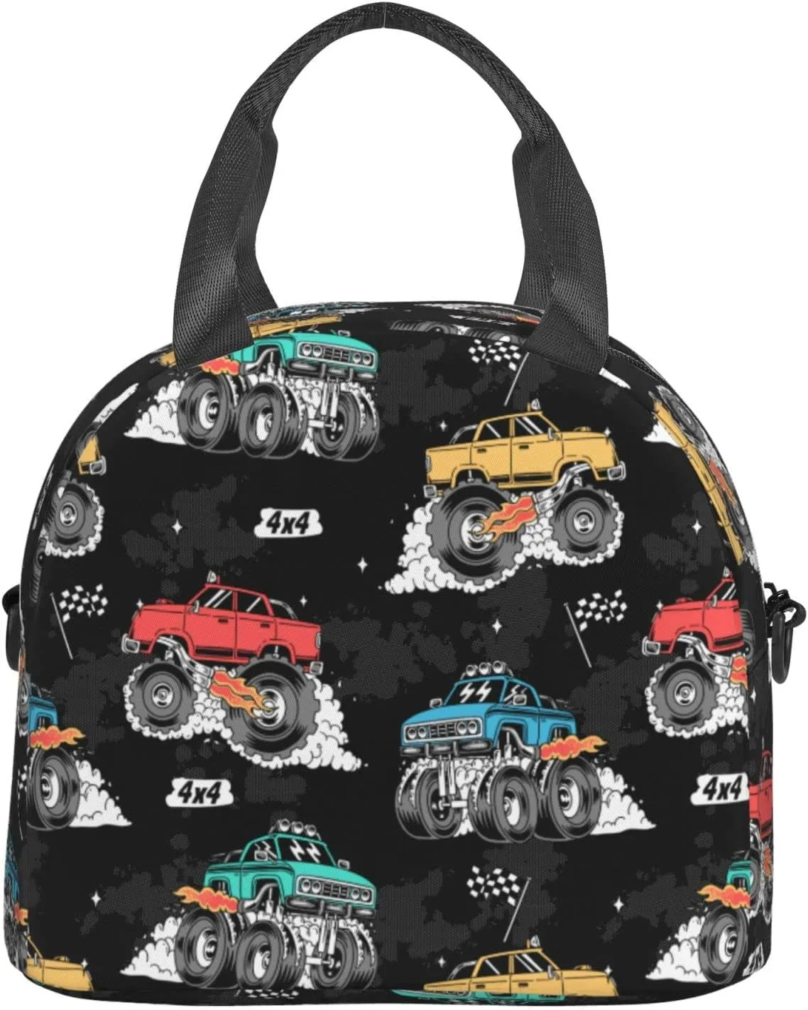 Monster Trucks Lunch Bag Reusable Insulated Lunch Tote Bag Lunchbox Container With Adjustable Shoulder Strap For Office Work School Picnic Travel