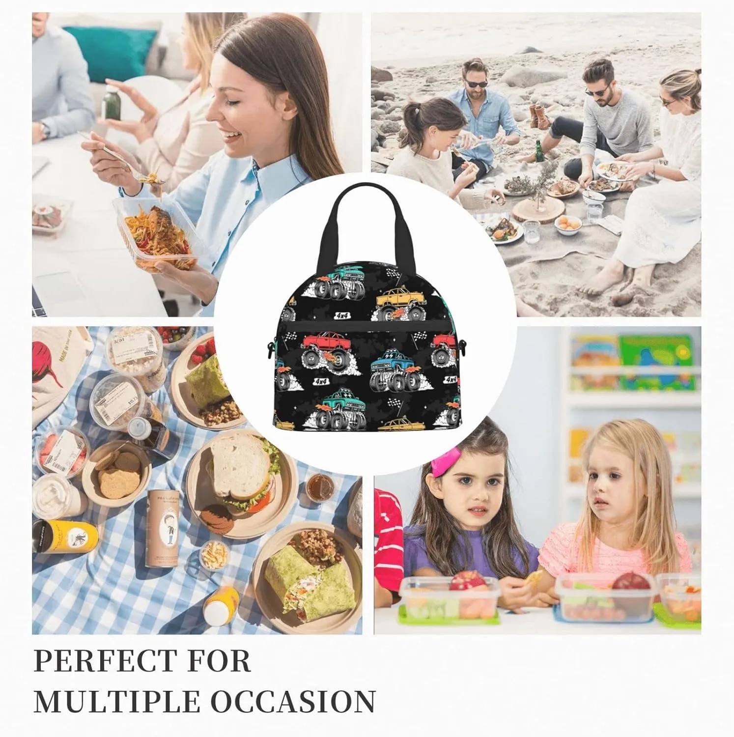 Monster Trucks Lunch Bag Reusable Insulated Lunch Tote Bag Lunchbox Container With Adjustable Shoulder Strap For Office Work School Picnic Travel