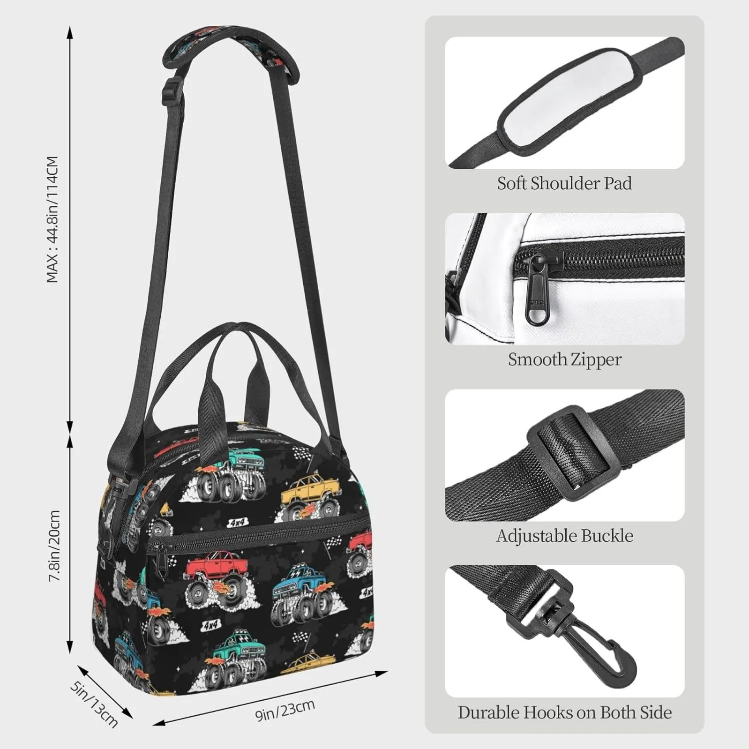 Monster Trucks Lunch Bag Reusable Insulated Lunch Tote Bag Lunchbox Container With Adjustable Shoulder Strap For Office Work School Picnic Travel